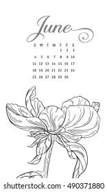 Calendar 2017. Plant in blossom, branch with flower ink sketch on white background. Vector illustration for your design