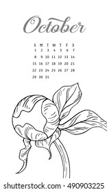 Calendar 2017. Plant in blossom, branch with flower ink sketch on white background. Vector illustration for your design