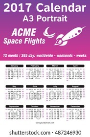 Calendar 2017 - Portrait A3 - International Business Worldwide Printable Editable Organizer (planner-scheduler) - with dates, days of the month. Week starts Sunday. Magenta pink, purple vector.