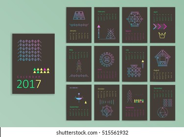 Calendar 2017. Sacred geometry. Templates with trendy minimal geometric shapes and trendy hipster linear icons. Religion, philosophy, spirituality, occultism symbols collection