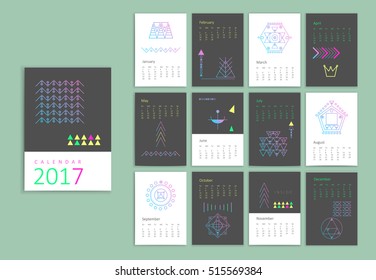 Calendar 2017. Sacred geometry. Templates with trendy minimal geometric shapes and trendy hipster linear icons. Religion, philosophy, spirituality, occultism symbols collection