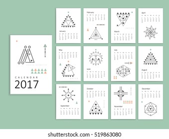 Calendar 2017. Sacred geometry. Templates with trendy minimal geometric shapes and trendy hipster linear icons. Religion, philosophy, spirituality, occultism symbols collection