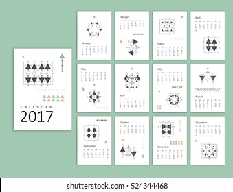 Calendar 2017. Sacred geometry. Templates with trendy minimal geometric shapes and trendy hipster linear icons. Religion, philosophy, spirituality, occultism symbols collection