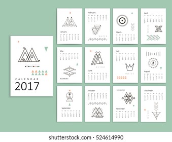 Calendar 2017. Sacred geometry. Templates with trendy minimal geometric shapes and trendy hipster linear icons. Religion, philosophy, spirituality, occultism symbols collection