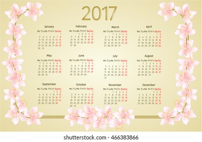 Calendar 2017 Sakura Flowers Vintage Vector Stock Vector (Royalty Free