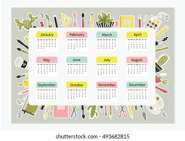 Calendar 2017. School, office accessories. Cute romantic vector calendar. Chancellery