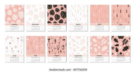 Calendar 2017. School, office accessories. Cute romantic vector calendar with seamless floral patterns. Patterns are not cropped and can be edited. All elements are  hidden under mask.