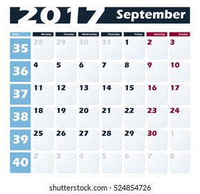 Calendar 2017 September vector design template. Week starts with Monday. European version