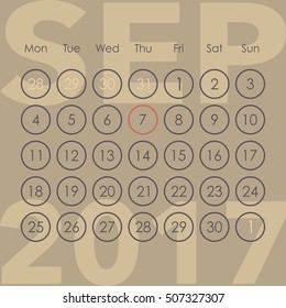 Calendar for 2017. September. Week starts from Monday. Vector template