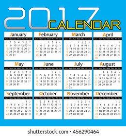 Calendar 2017 set 12 month on blue background vector illustration.