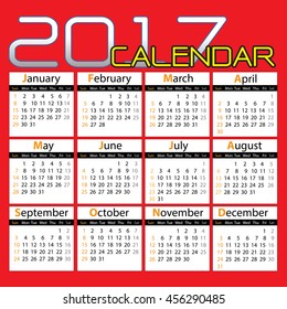 Calendar 2017 set 12 month on red background vector illustration.