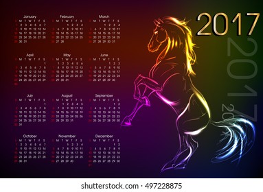Calendar 2017. Sketch horses. Hand-drawn neon illustration