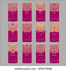 Calendar 2017 start sunday with hand drawn mandala pattern. Vintage oriental style. Oriental pattern, vector illustration.