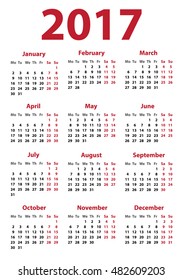 calendar for 2017 starts on monday