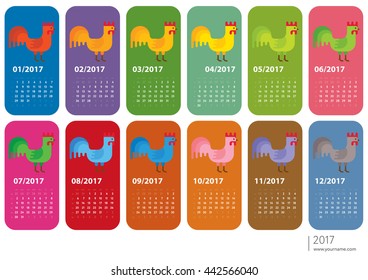 Calendar 2017 with symbol of year, week start on sunday, grid with numbers of weeks