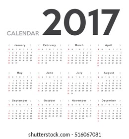 Calendar 2017 template design. Week starts from Sunday. Calendar Vector  eps10
