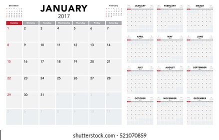 Calendar 2017 template design. Week starts from Sunday. Calendar Vector  eps10