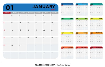 Calendar 2017 template design. Week starts from Sunday. Calendar vector eps10