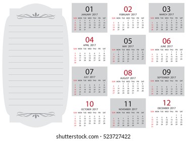 Calendar 2017 template design. Week starts from Sunday. Calendar Vector