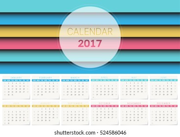 Calendar 2017 template design. Week starts from sunday. Vector illustration.