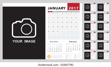 Calendar 2017 template design. Week starts from Sunday. Calendar vector eps10