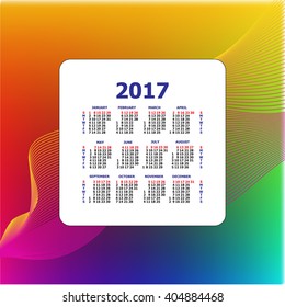 Calendar for 2017. Template calendar grid. Horizontal orientation of days of week. Vector  illustration. 