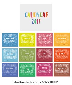 Calendar 2017 template with hand drawn doodle illustration on color background