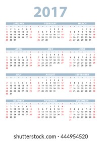 Calendar 2017 template vector illustration. Simple classic design.