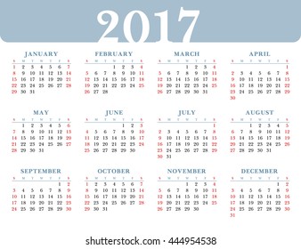 Calendar 2017 template vector illustration. Simple classic design.