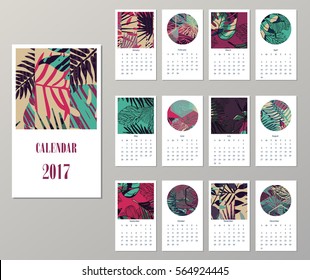 Calendar 2017. Templates with creative tropical textures. Vector illustration