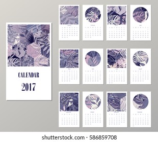 Calendar 2017. Templates with creative tropical textures. Vector illustration