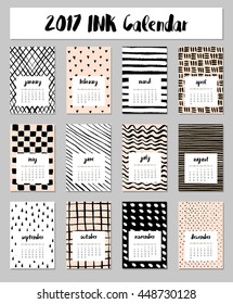 Calendar 2017. Templates with Hand Drawn textures made with ink. Vector illustration.