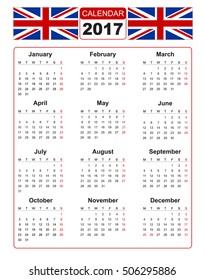 Calendar for 2017 with two vector image of united kindom flag