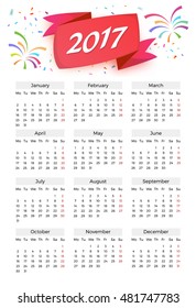 Calendar 2017 Vector Celebration template with week starting on monday in white background