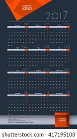 Calendar 2017 Vector Design Template. Week Starts Monday.