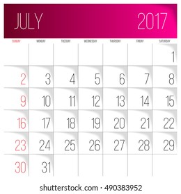 Calendar 2017 vector design template. July. Week Starts on Sunday.