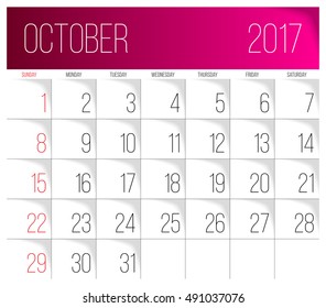 Calendar 2017 vector design template. October. Week Starts on Sunday.