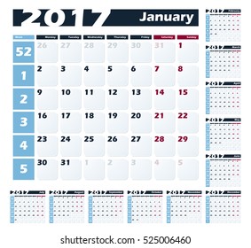 Calendar 2017 vector design template. Week starts with Monday. European version