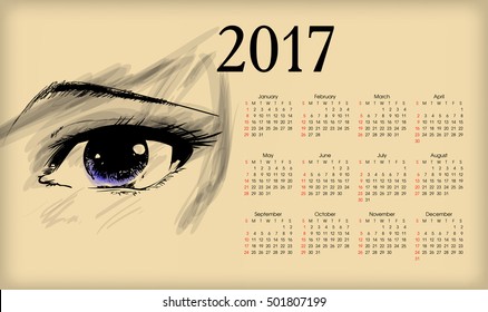 Calendar 2017. Vector illustration beautiful female eye