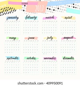 Calendar 2017. Calendar vector, calendar illustration, calendar lettering, with Artistic abstract background.