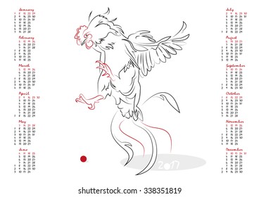 Calendar 2017 in vector isolated on white background.  The Year of the Rooster. Week starts from sunday. Happy New year 2017!