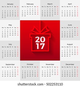 Calendar 2017 Vector Simple Design template with week starting on monday in white background
