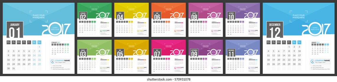 Calendar 2017 - Vector template of 12 Months