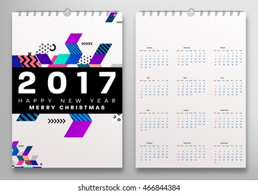 Calendar for 2017 vector template with abstract geometric pattern. Week starts from sunday.