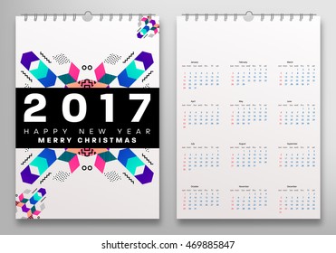 Calendar for 2017 vector template with abstract geometric pattern. Week starts from sunday.