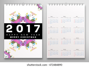 Calendar for 2017 vector template with abstract geometric pattern. Week starts from sunday.