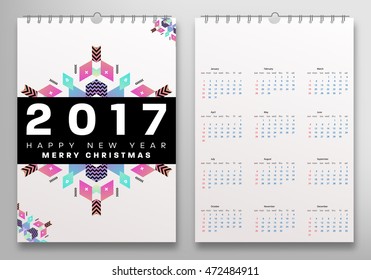 Calendar for 2017 vector template with abstract geometric pattern. Week starts from sunday.