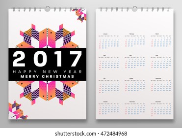 Calendar for 2017 vector template with abstract geometric pattern. Week starts from sunday.
