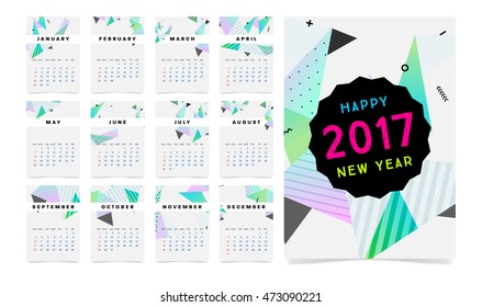 Calendar for 2017 vector template with abstract geometric pattern. Week starts from sunday.