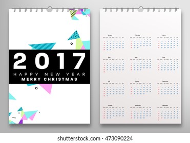 Calendar for 2017 vector template with abstract geometric pattern. Week starts from sunday.